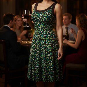 Ladies Women 8P Brown Green Polka Dot Formfitting Stretch A Line Maxi Dress